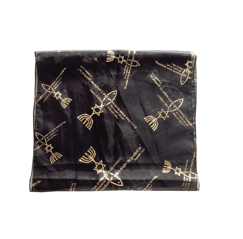 Black sheer scarf with gold Messianic Seal and Romans 11:19 verse print