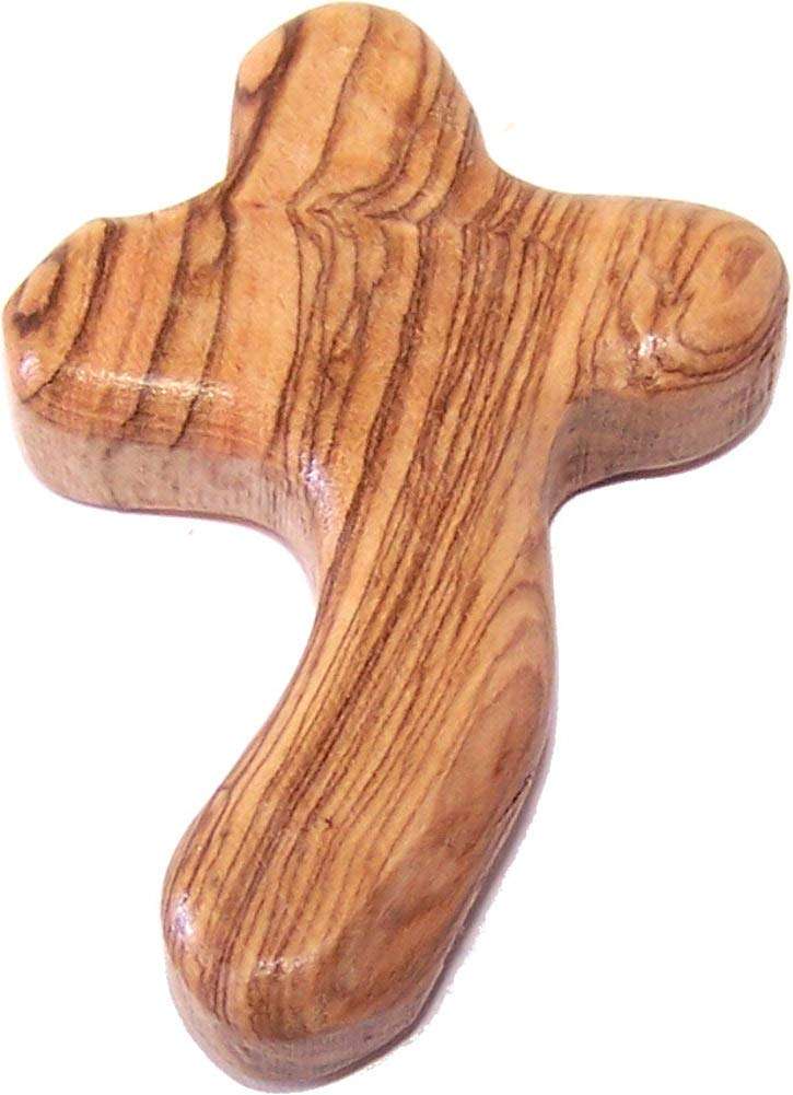 Cruz de madera de olivo Perfecta a mano del Mercado de Tierra Santa - Tallada redonda y con forma de mano