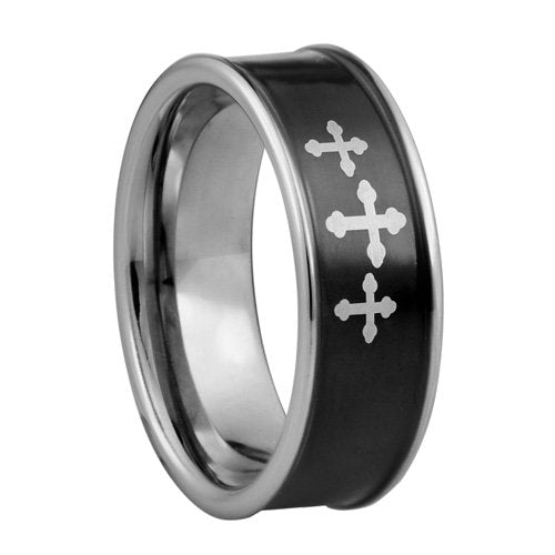 three 3 Crosses Tungsten ring with 18K black IP plating - 8mm wide