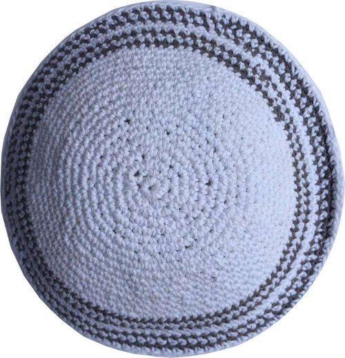 White/Grey Lines 17cm DMC 100% Knitted Cotton Kippah Torah Chabad Yarmulke