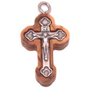 Cruz de madera de olivo con cruz de peltre incrustada - Oriental (2.7 cm - 1.1") - 6 mm de grosor