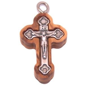 Olive wood Cross with Embedded pewter Cross - Eastern (2.7 cm - 1.1") - 6mm thick