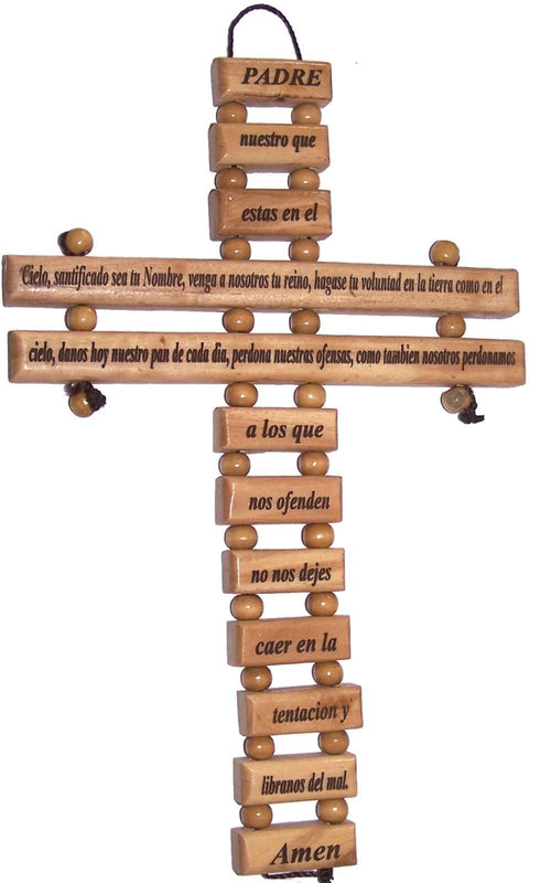 Cruz de Madera de Olivo del Mercado de Tierra Santa en Español - Oración del Señor con Certificado y Tarjeta de Oración del Señor (9.5 Pulgadas)
