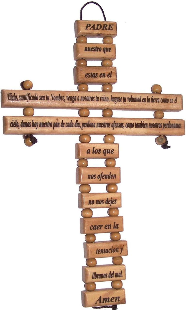 Cruz de Madera de Olivo del Mercado de Tierra Santa en Español - Oración del Señor con Certificado y Tarjeta de Oración del Señor (9.5 Pulgadas)