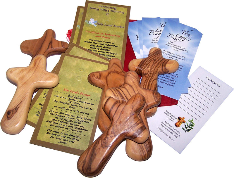 Six Olive Wood Comfort Crosses with Velvet Bags & Lord's Prayer Card - The Holding or Hand Cross (4 inches) - Used