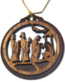 Holy Land Market Two Layers Mahogany with Olive Wood Magi offering Gifts to The New Born Messiah Ornament Gift Carved by Laser - Olive Wood (6.5 cm or 2.6 inch with Certificate) and Gold String