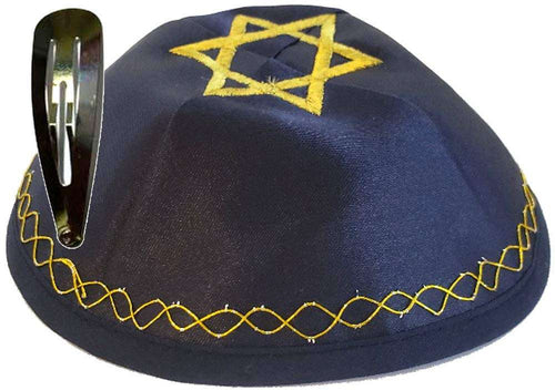 Kippah Yarmulke judía del Mercado de Tierra Santa con Estrella de David bordada en satén (Azul con tejido dorado)