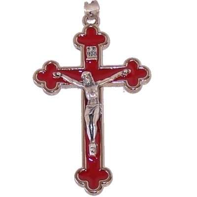 Crucifijo de rosario con esmalte rojo - Extra Grande - Estaño grado A (7.5 cm-3 pulgadas)