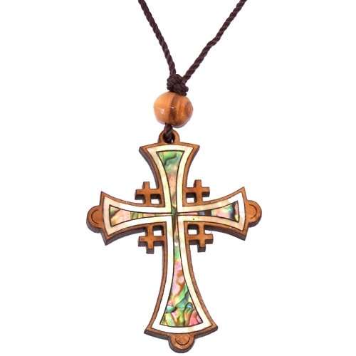 Cruz de Jerusalén de madera de olivo con madreperla (60cm / 23.5 pulgadas, la cruz mide 5cm o 2 pulgadas)