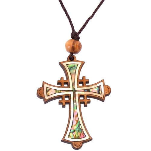 Jerusalem Cross Olivewood with Mother of Pearls (60cm / 23.5 inches, Cross is 5cm or 2 inches)