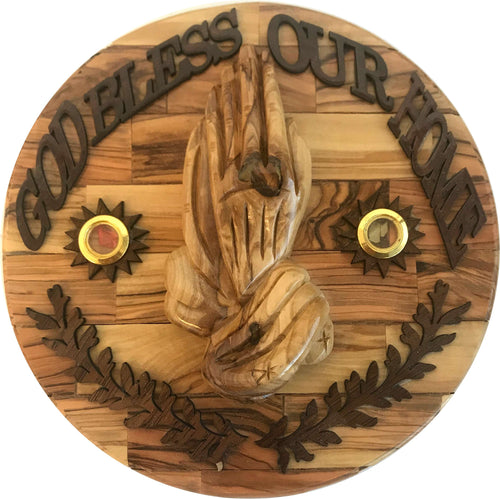 Holy Land Market - Dios bendiga nuestro hogar con manos en oración placa de madera de olivo (8 pulgadas)