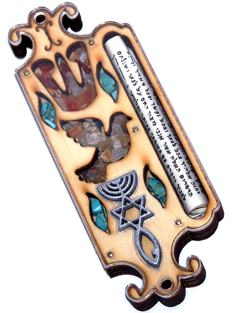 Wooden Messianic Seal Mezuzah case with Messianic Seal - 5 Inch with Scroll and Jerusalem Stones