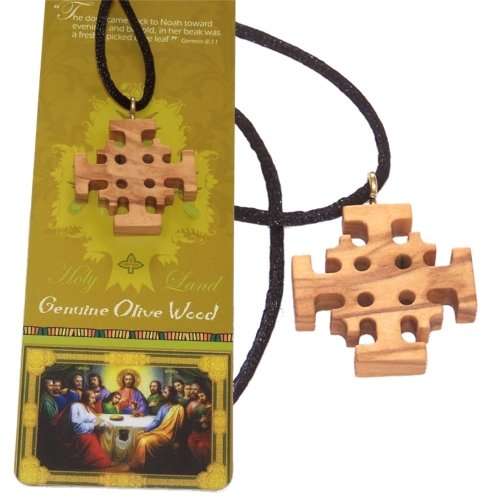 Cruz de Jerusalén - collar de madera de olivo extra suave (1.2 pulgadas o 3 cm) - La longitud del collar es ajustable.