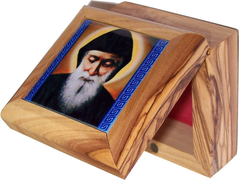 Holy Land Market First Communion Box - Catholic Rosary Box - Bethlehem Olive Wood ( Icon top - Mar Charbel)