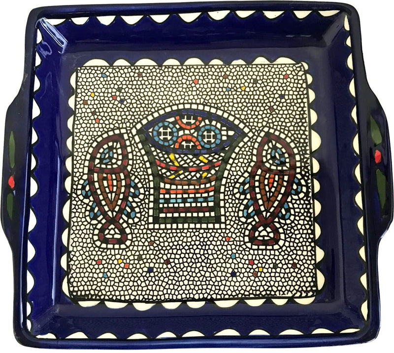Holy Land Market Armenian Ceramic Loaves and Fish multiplication Miracle square bread Plate - 9.5 Inches - Asfour Outlet Trademark