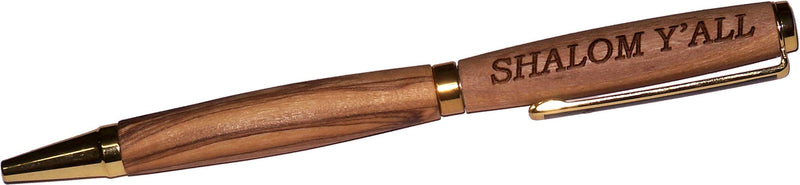 Holy Land Market Handmade ballpoint pen handcrafted from Bethlehem Olive wood engraved with Shalom Y'all - sleek design