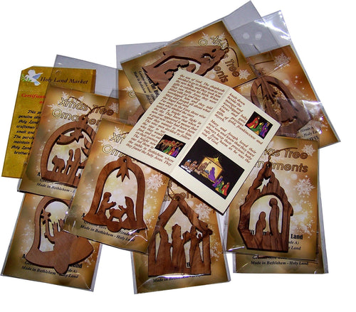 Holy Land Market Olive Wood Ornaments - Set of 12 Flat Christmas Decorations with Nativity Story Booklet, Inspirational Hand Carved Christmas Decor, Christian Christmas Ornaments from Bethlehem