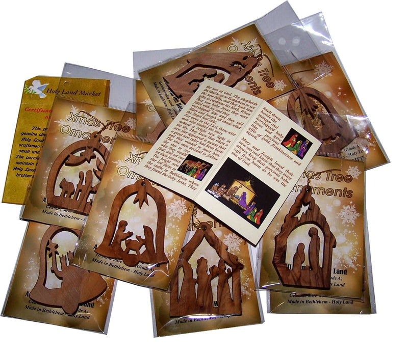 Adornos de madera de olivo del Mercado de Tierra Santa - Set de 12 decoraciones navideñas planas con folleto de la historia del nacimiento, decoración navideña inspiradora tallada a mano, adornos navideños cristianos de Belén