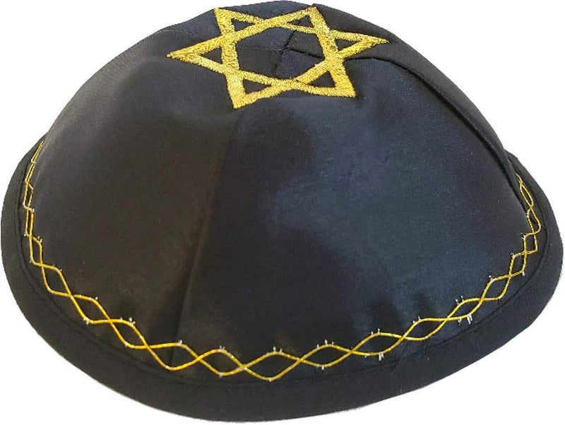 Holy Land Market Jewish Kippah Yarmulke with Star of David Embroidered Satin (Black with Golden Knitting)