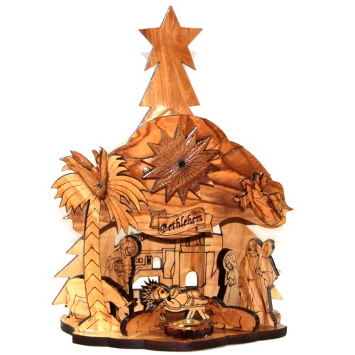 Holy Land Market Musical Olive Wood Nativity Carved by Laser with Incense from Jerusalem (20 cm or 8 inches)