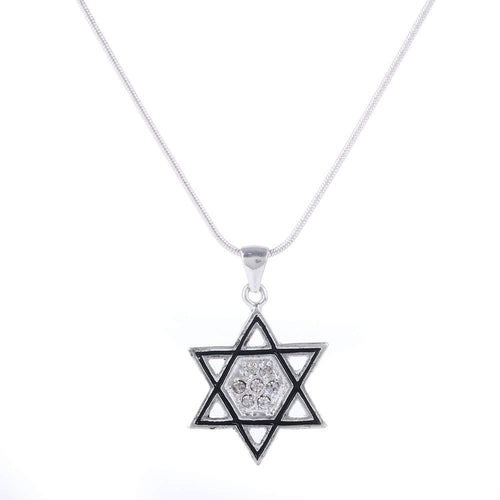 Estrella de David con Piedras CZ y Esmalte Negro - Rodio (2.5 cm - 1 pulgada - Cadena de 20 Pulgadas)
