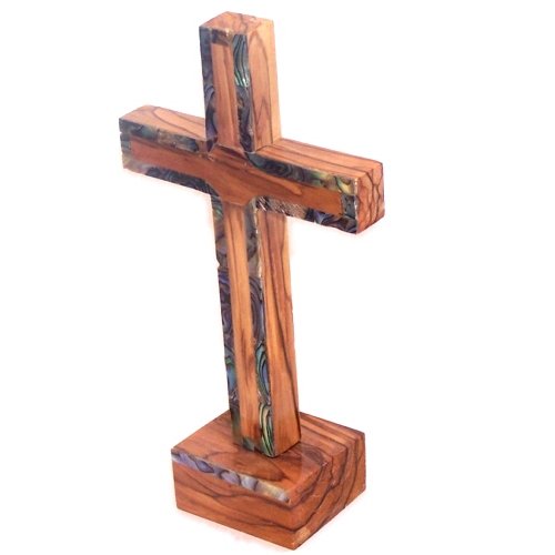 Holy Land Market Cross with Mother of Pearls - Border Cover - Olive Wood with Certificate (6 inches)