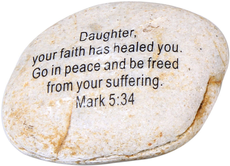 Extra Large Engraved Inspirational Scripture Biblical Natural Stones Collection - Stone X : Mark 5:34 :" Daughter, Your Faith has Healed You. Go in Peace and be Freed from Your Suffering.