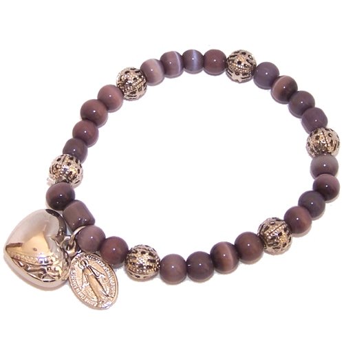 Elastic Cat`s eye beads bracelet with Miraculous medal and heart ( 6mm beads )