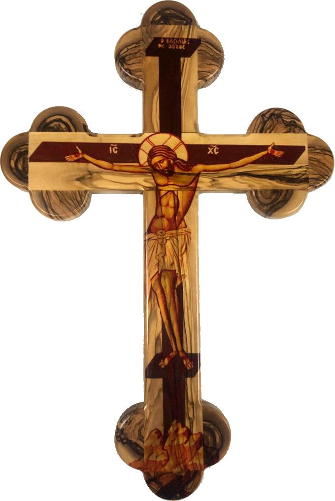 Crucifixion Crucifix Icon - written (Machine Colored Laser - drawn) by Russian Iconographer in Jerusalem, the Holy Land - 17 inches