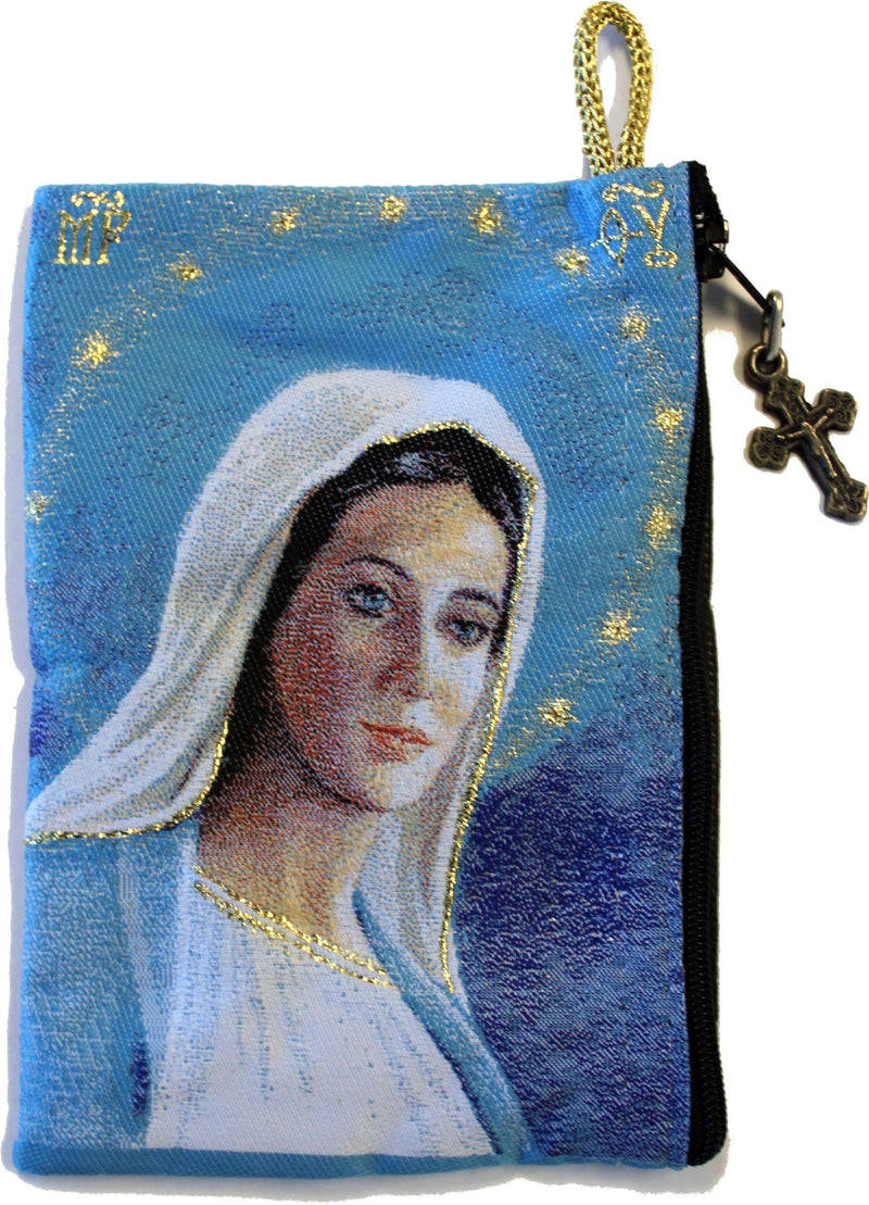 Our Lady in white veil on blue ground with gold stars