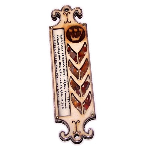 Star of David Mezuzah with Israel Gemstones - 3 Layers Wooden Mezuzah (12.5cm or 5 inches)