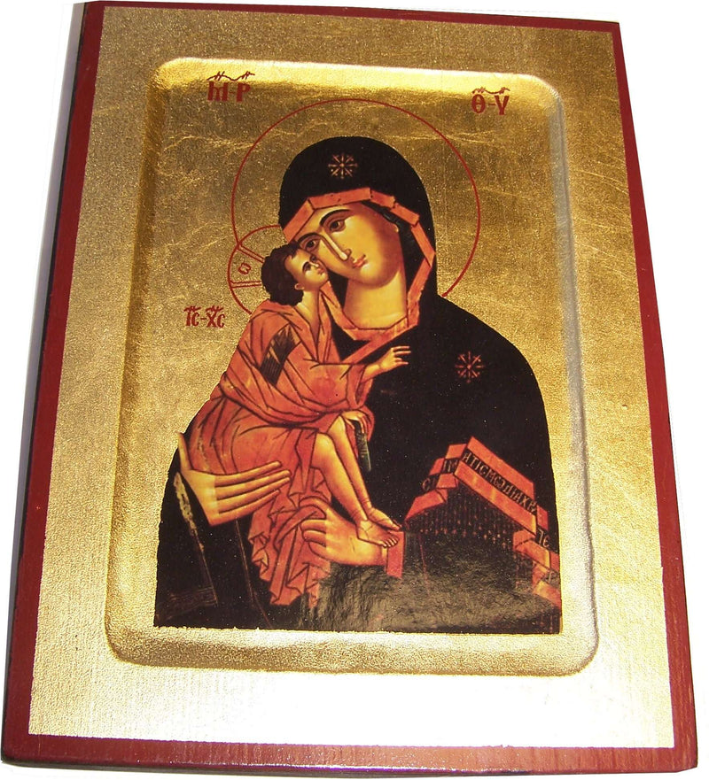 Icono Devocional de la Virgen María y el Niño Divino del Mercado de Tierra Santa con Hojas de Oro (Litografía) (9.5 x 7 pulgadas)