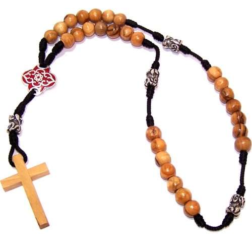 Rosario anglicano de madera de olivo con cuentas de tono plateado y esmalte rojo (40 cm o 16...