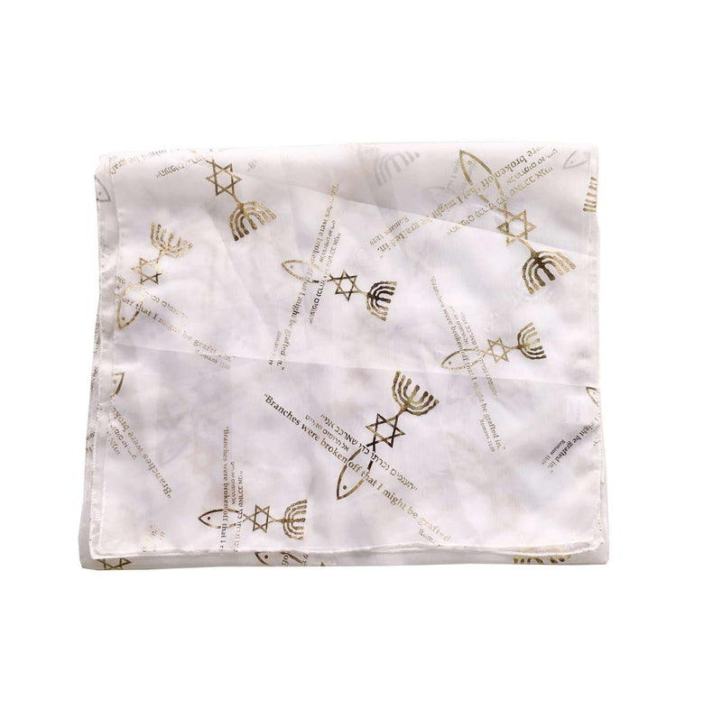 White sheer scarf with gold Messianic Seal menorah and Star of David print