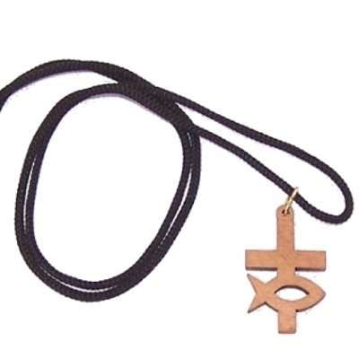 Pez y cruz - collar de madera de olivo, el collar mide 74 cm o aproximadamente 30 pulgadas de largo