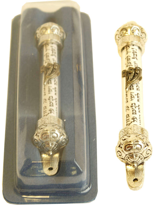Silver crown mezuzah with scroll, shown in blister pack and unpacked #color_silver