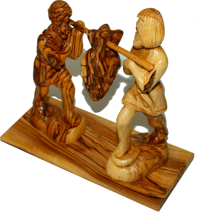 Caleb and Joshua (Hoshea) bringing the fruit of the Land - carved in olive wood (20 x 20 x 9 cm or 8 x 8 x 3.5 Inches)