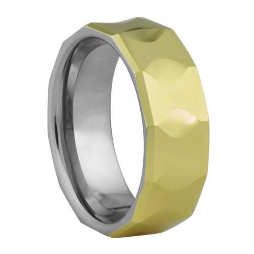 Anillo de boda o banda pulida multifacética - Oro de 18K altamente pulido y plata ionizada o chapada en IP