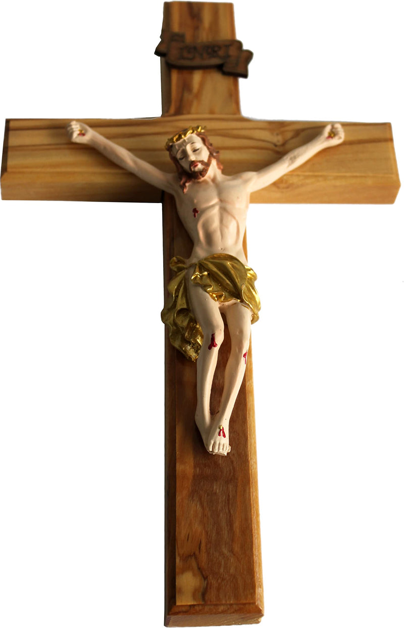 Holy Land Market Olive wood Cross from Bethlehem with a Certificate and Lord prayer card (10 Inch With Resin Crucifix)