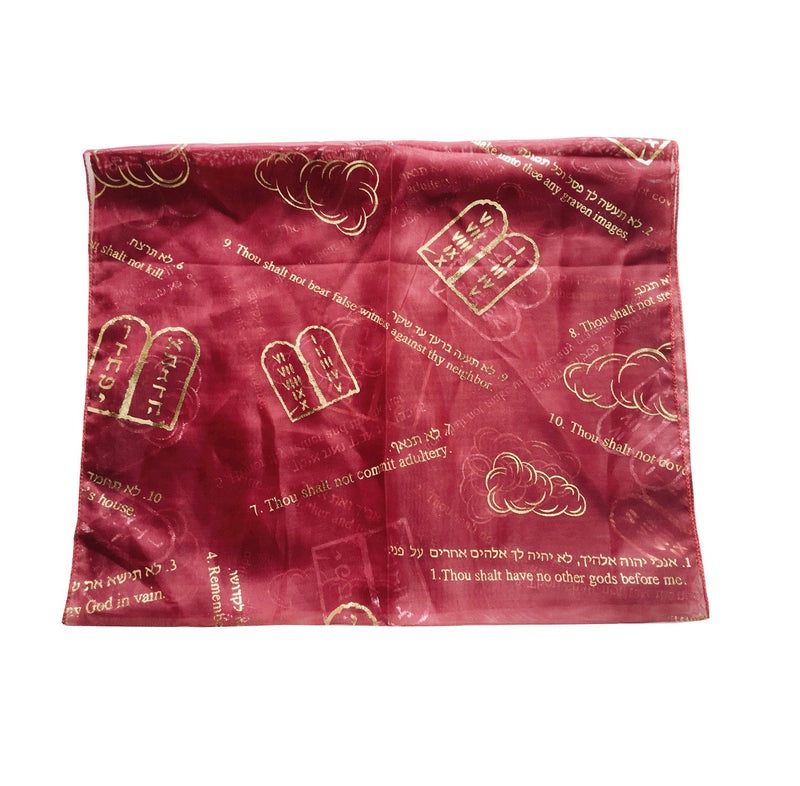 Burgundy polyester prayer scarf with gold 10 Commandments print, folded