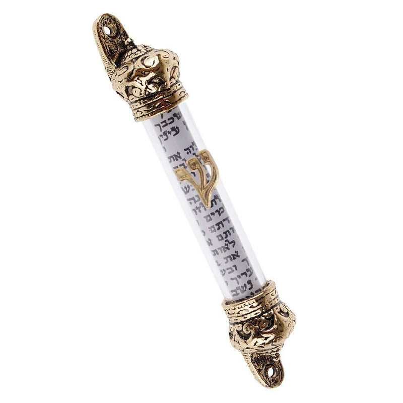 Gold crown mezuzah case with clear scroll window and ornate caps
