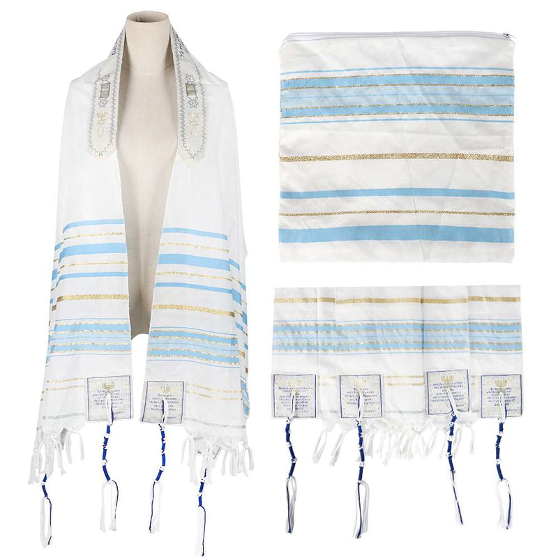 Sky blue tallit on mannequin with matching zip bag and corner patches