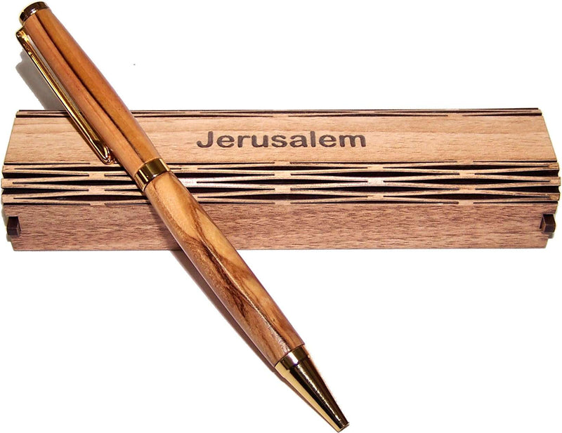 Olive wood ballpoint pen on straight wooden box engraved Jerusalem
