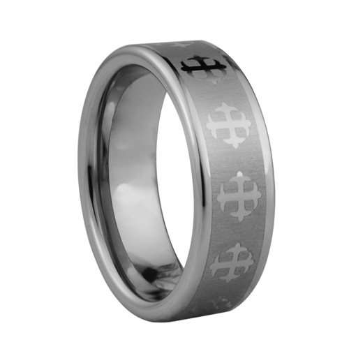 Anillo de tungsteno estilo Cruz de Fleur-de-lis - Estilo altamente pulido por láser - 8mm de ancho