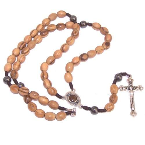 Rosario con centro de Cruz de Jerusalén y collar de cuentas de hematita - viene en bolsa de terciopelo