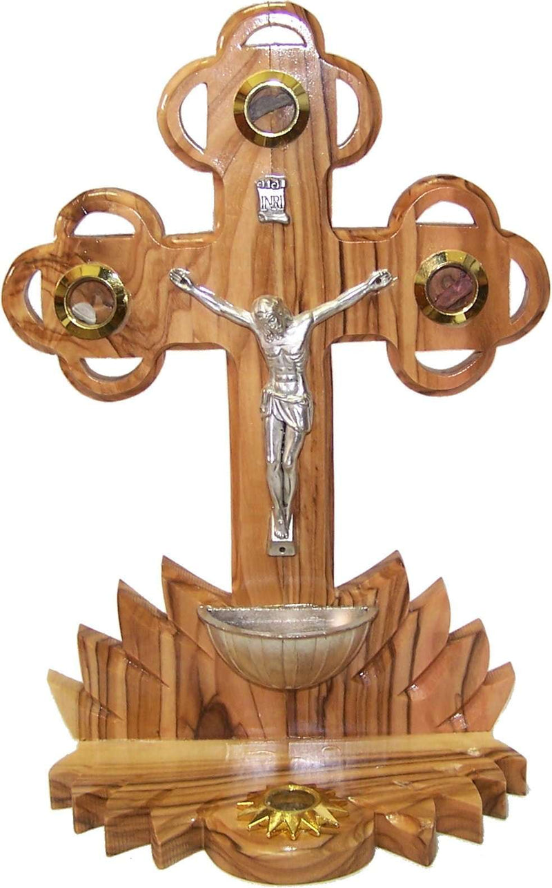 Table Olive Wood Cross/Crucifix with Holy Water Font - with Samples from The Holy Land (22 cm or 9 inches in Height)