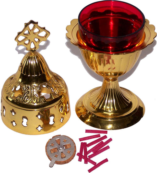 Brass lamp with conical pierced lid, cross finial, red glass cup and red wicks #size_8 inches