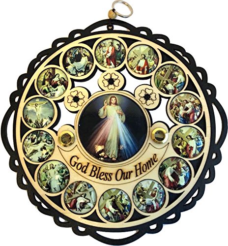 Holy Land Market Divine Mercy God Bless Our Home Wooden Wall Plaque with Holy Samples and Stations of The Cross Icons (11 inches Diameter)