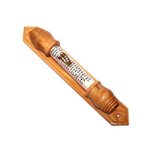 Mercado de Tierra Santa mezuzá de madera de olivo con shin dorado y vidrio sellado (19cm o 7.5 pulgadas) Viene con pergamino dentro