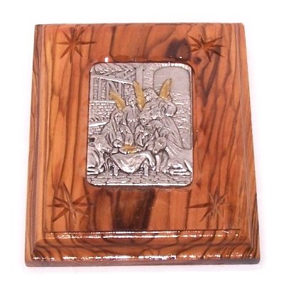 Silver plated icon embedded inside olive wood frame - Nativity scene icon
